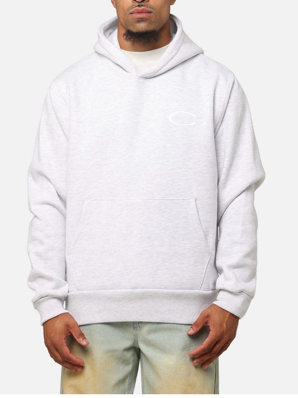 Men's Light Gray Pullover Hoodie with Subtle Chest Emblem